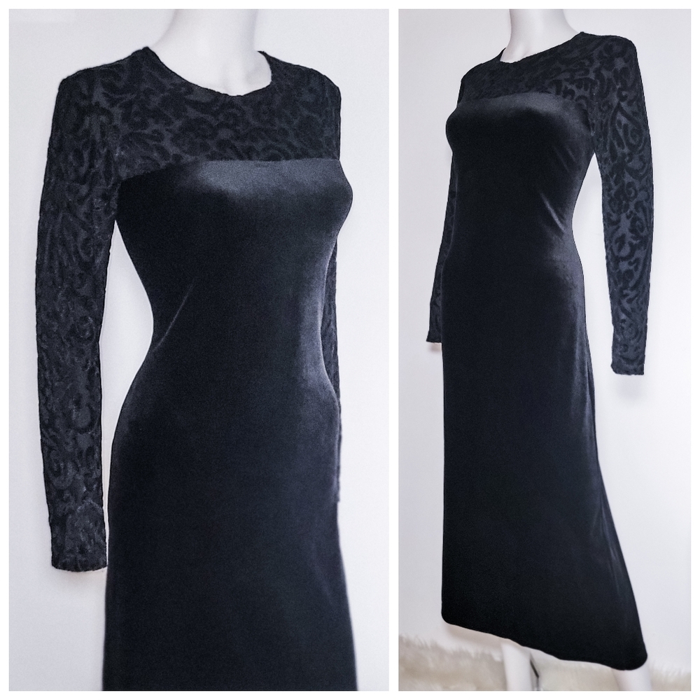 Diane Von Furstenberg Dress • 90s Vintage • Velvet Velour Floral Burnout Sleeves
